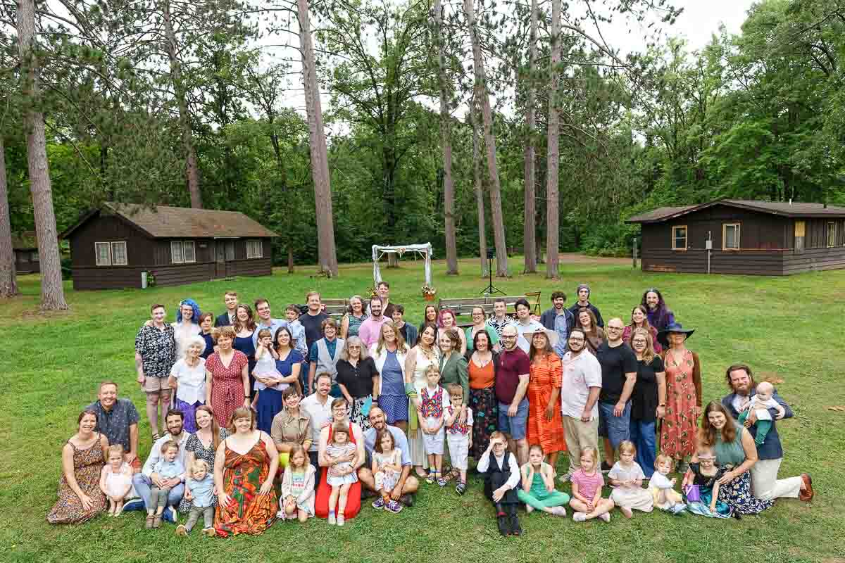 large group photo on wedding at the st croix state park with cabine