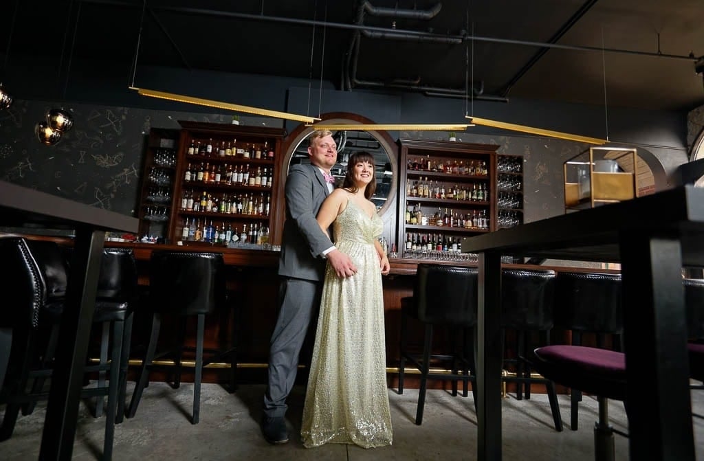 Bride and groom in bar in stillwater mn