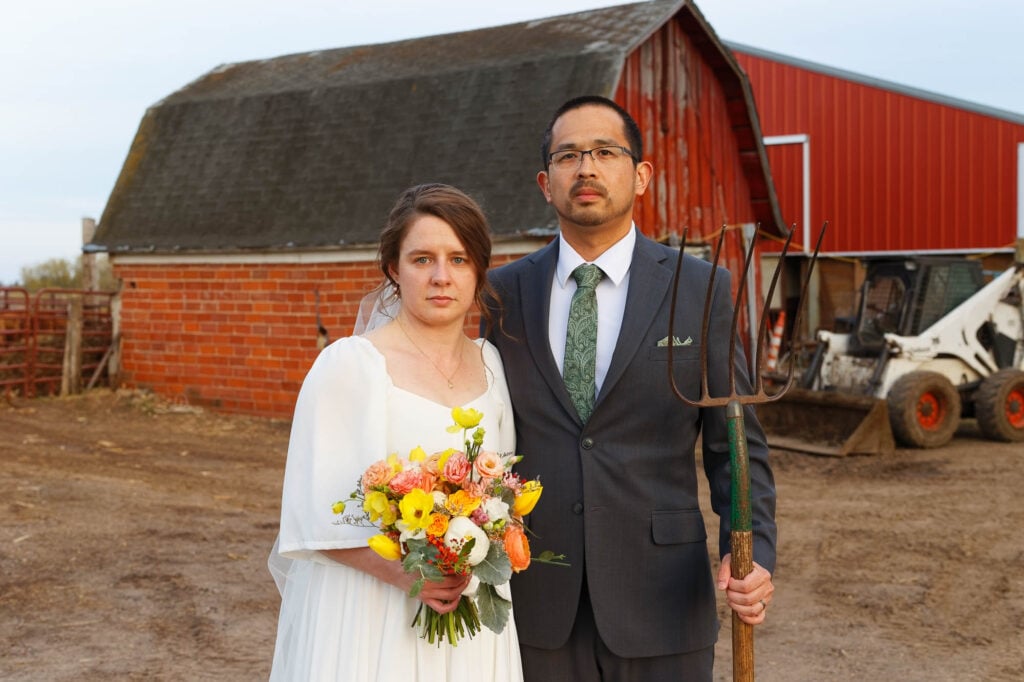 Bride and groom American Gothic insperation