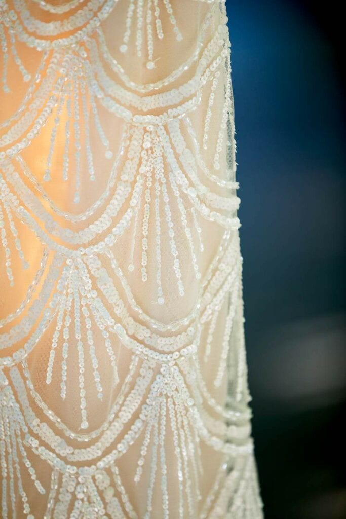 walk line detail of wedding dress white and cream