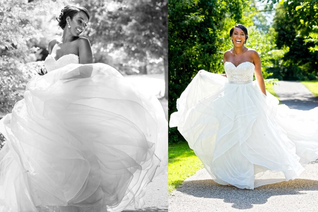 bride to be playing with her white dress