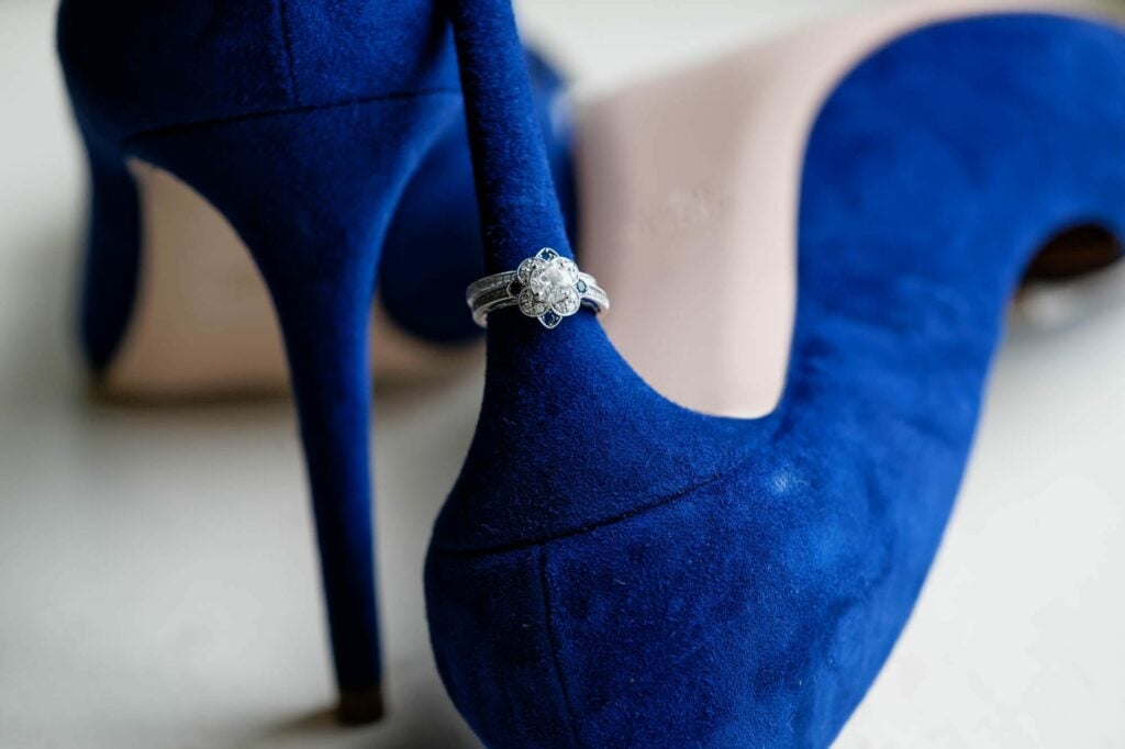 wedding ring on blue shoes