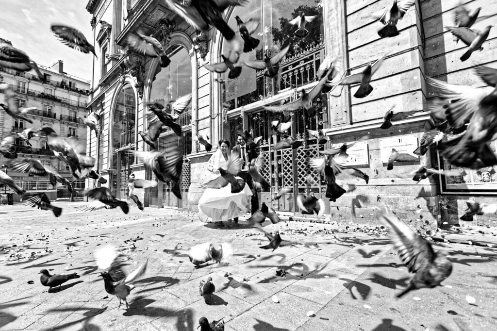 newlyweds running through pigeons