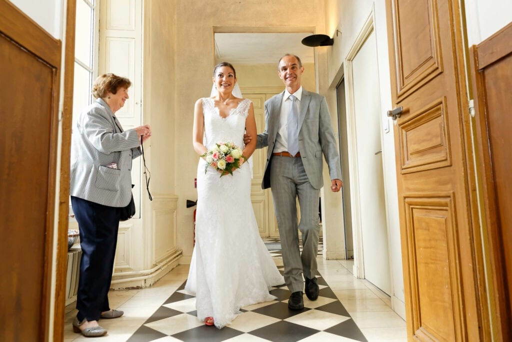 stressed bride entering the room