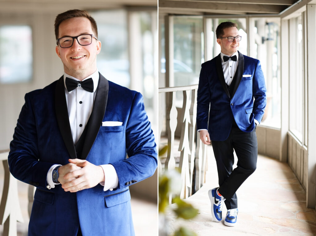 groom individual photos in blue velvet suit
