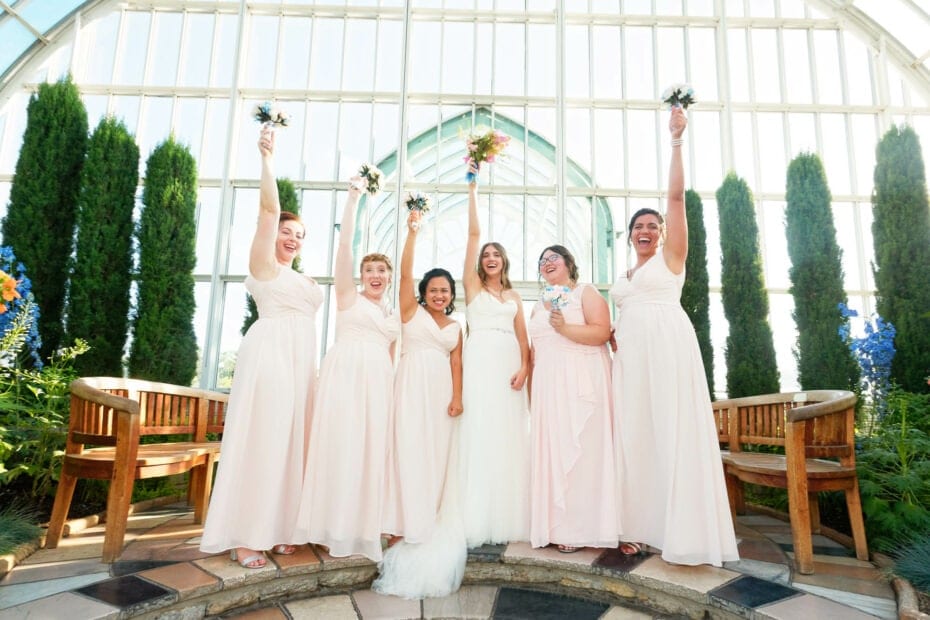 bride and bridesmaids at como park sunken garden st paul