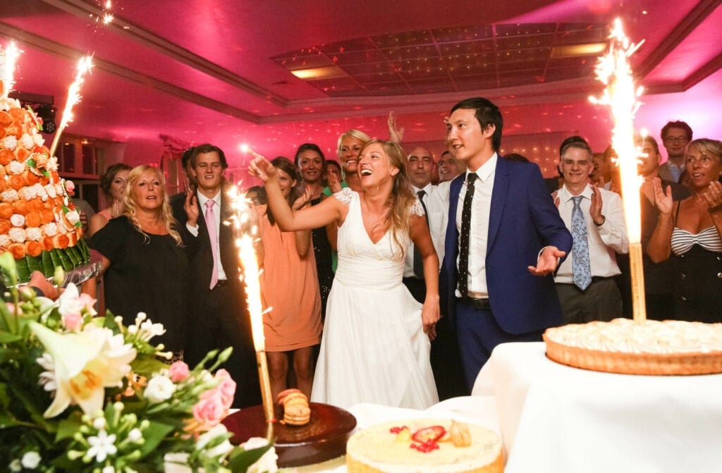 wedding cake served with sparklers