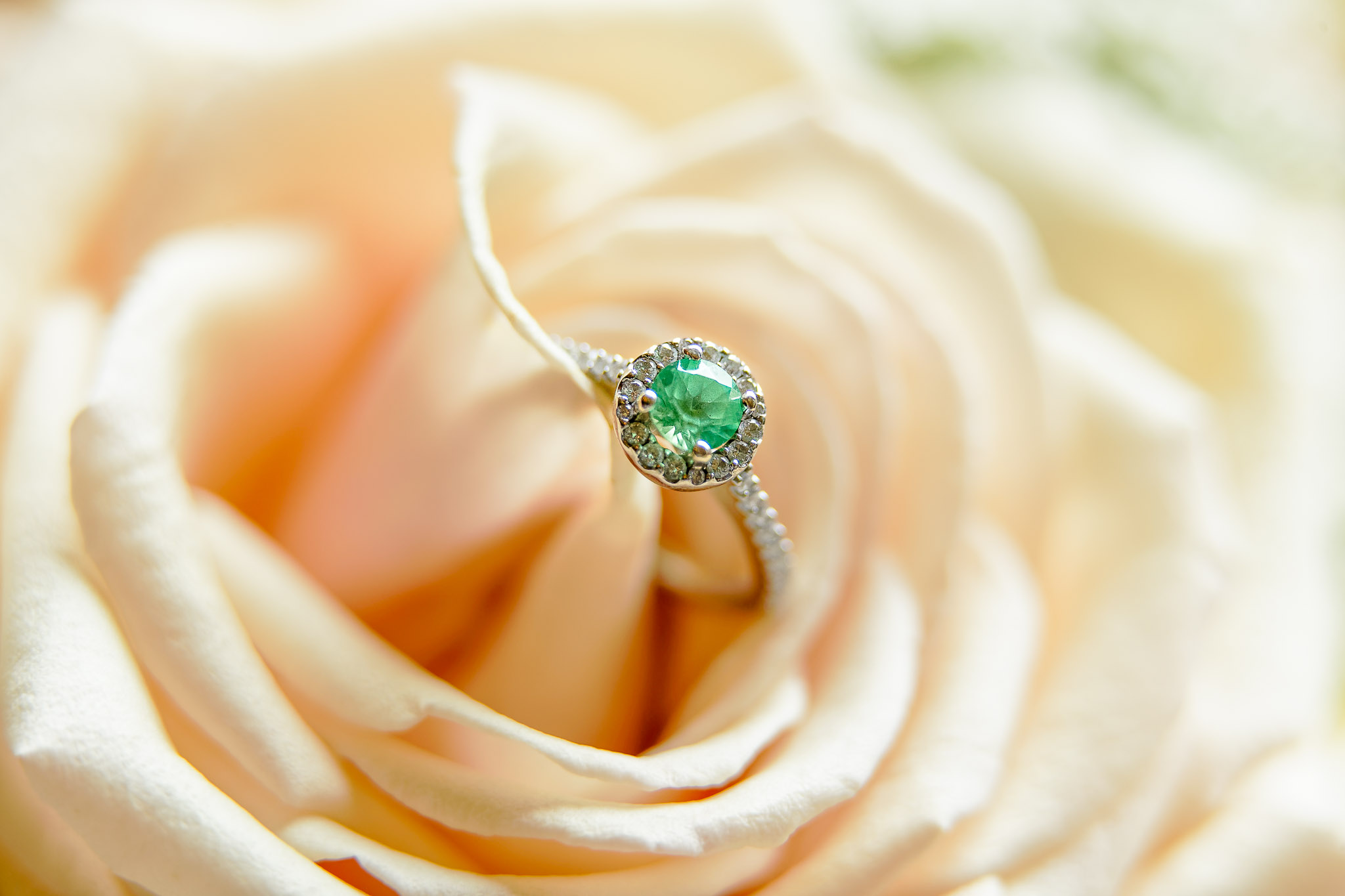 Emerald Engagement Ring in Rose Petals - Bridal Details