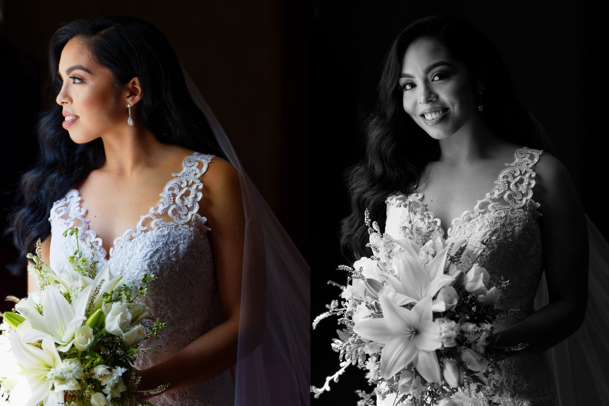 Bride's Portrait with White Lily Bouquet and Soft Lighting
