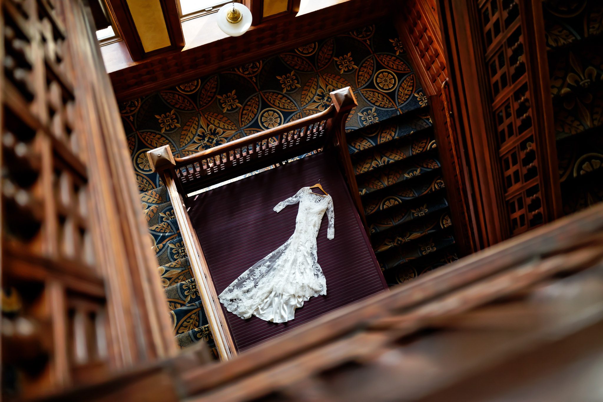 Wedding Dress on Historic Mansion Staircase
