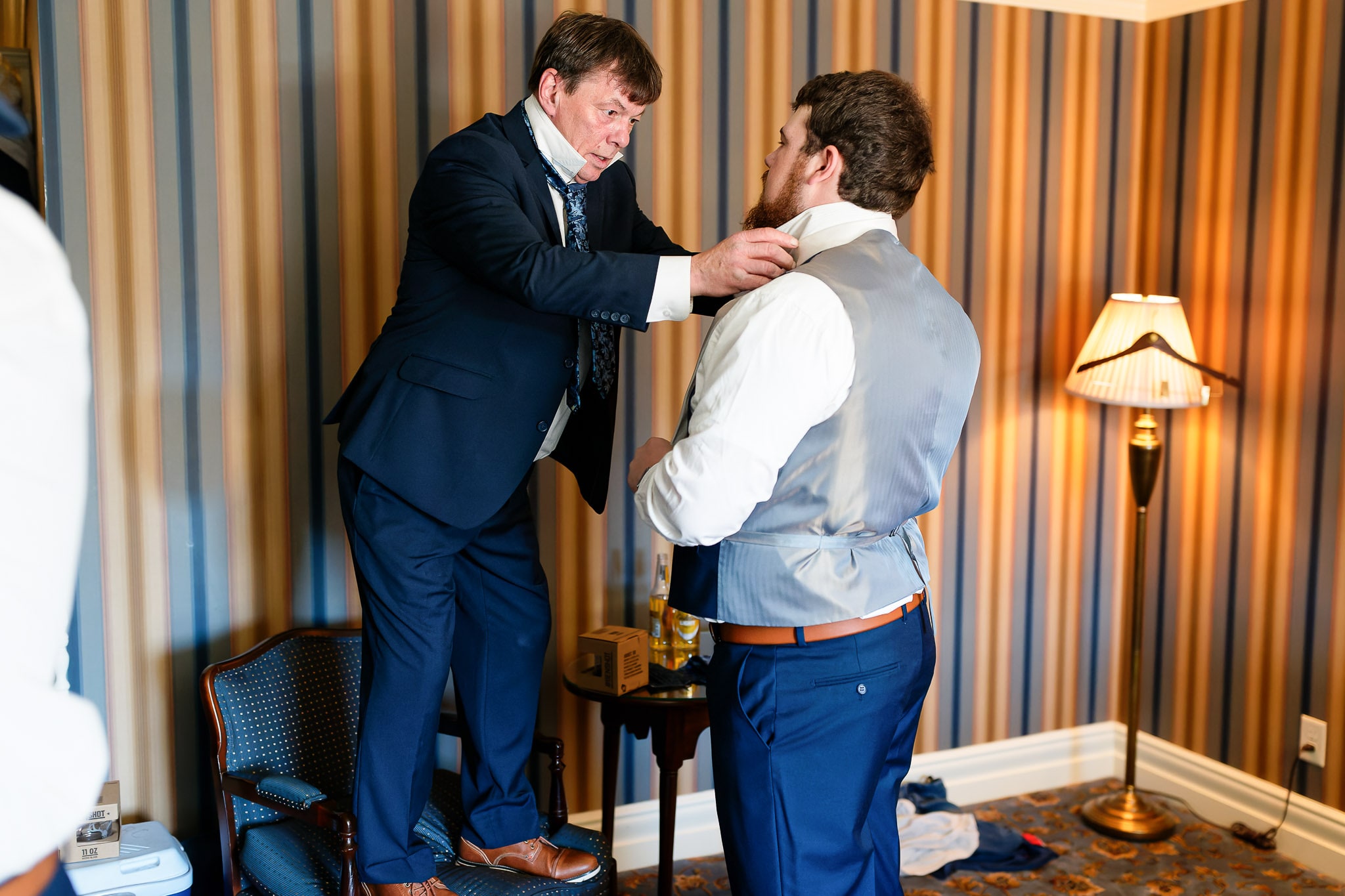 Father Helps Groom Get Ready - Wedding Preparation in Hotel