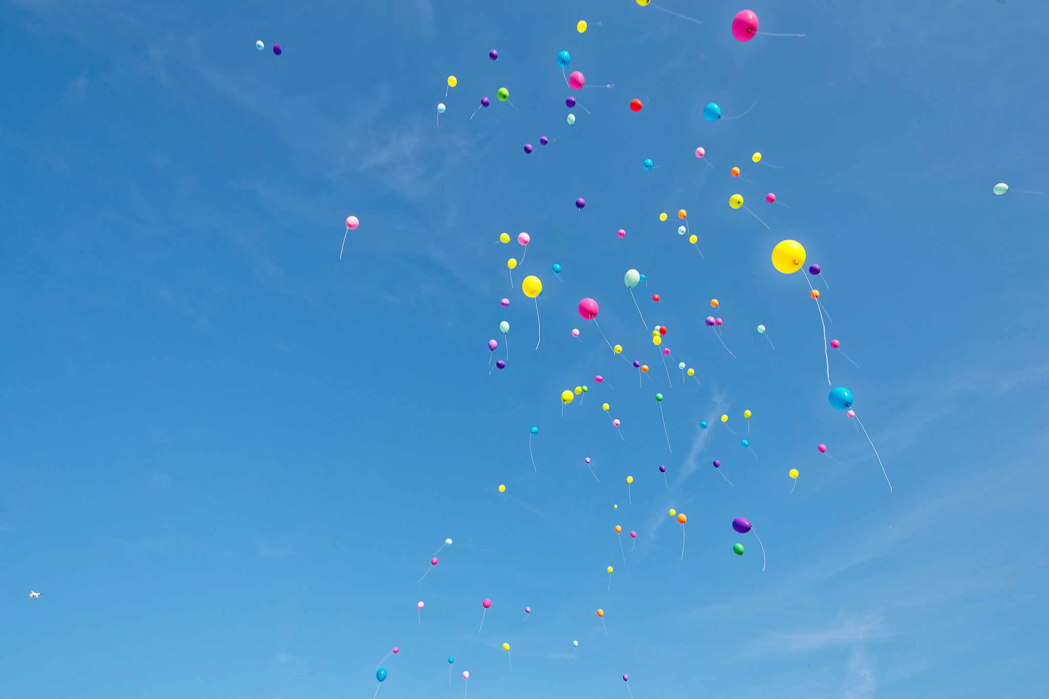 Wedding Balloon Release into Blue Sky During Cocktail Hour