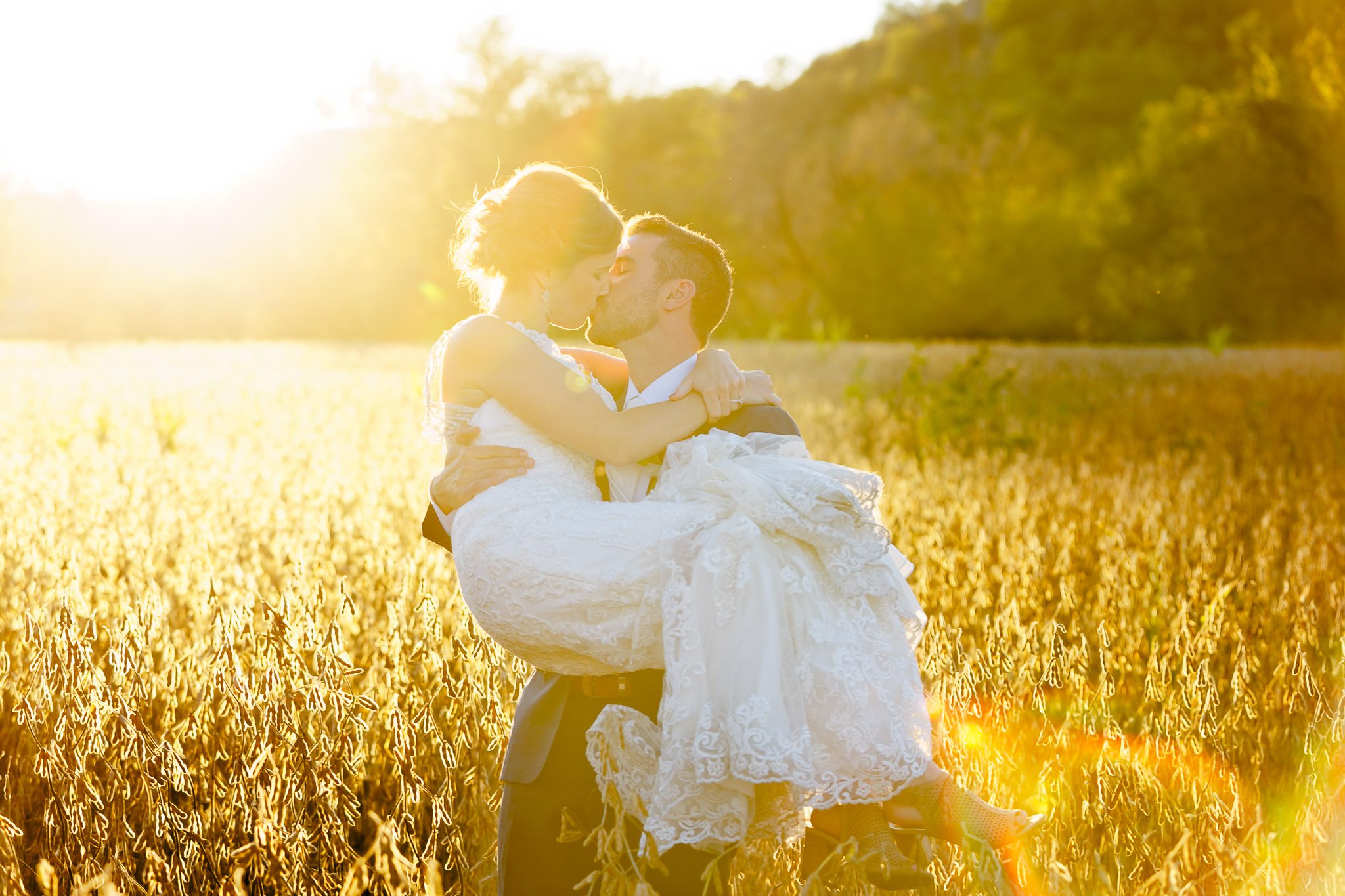 Romantic Sunset Wedding Photos in Golden Field