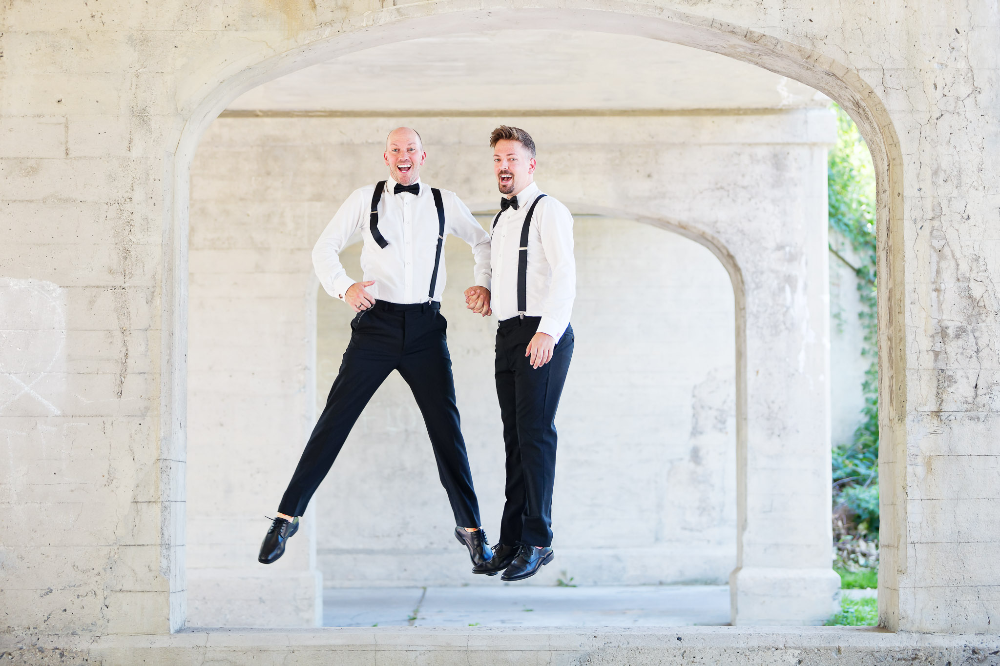 Gay Wedding Grooms Jump Celebration Minneapolis Beach Club