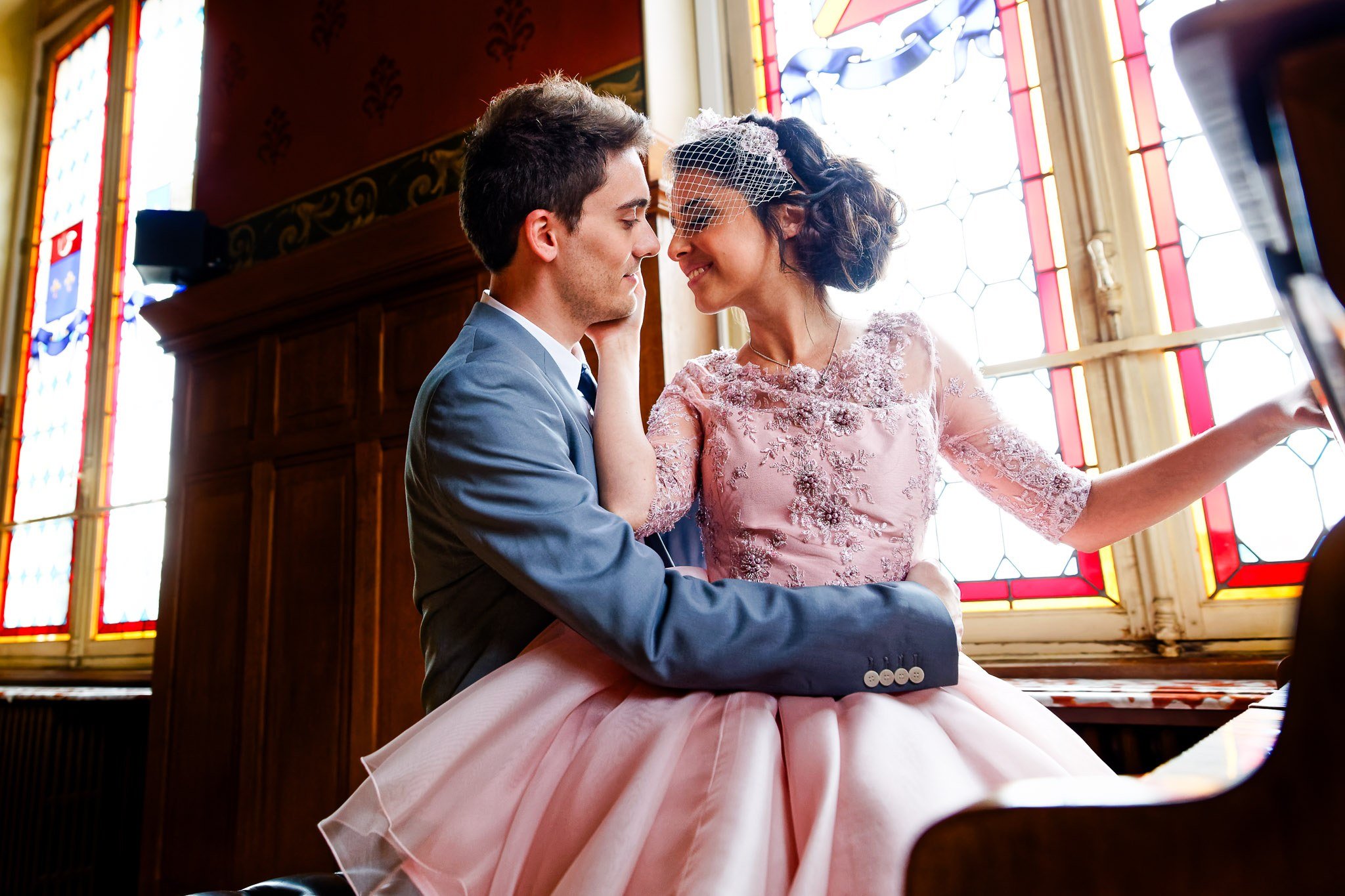 Romantic Wedding Couple Piano Portrait with Stained Glass