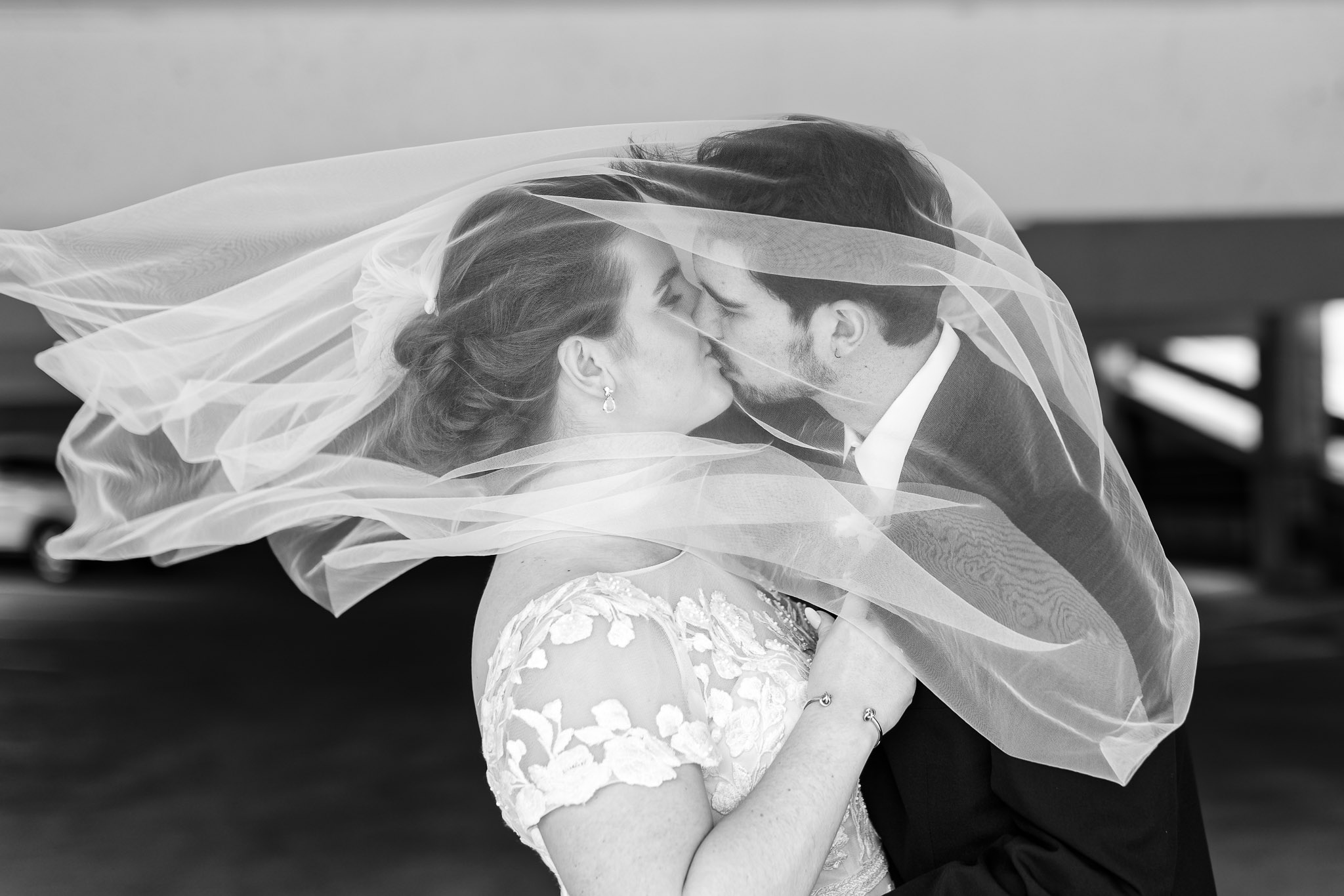 Romantic Wedding Veil Kiss Portrait - Marriott Hotel Rochester
