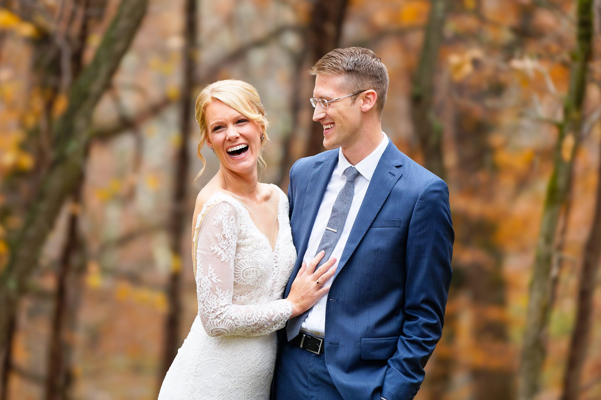 First Look Wedding Photos in Fall Forest Setting