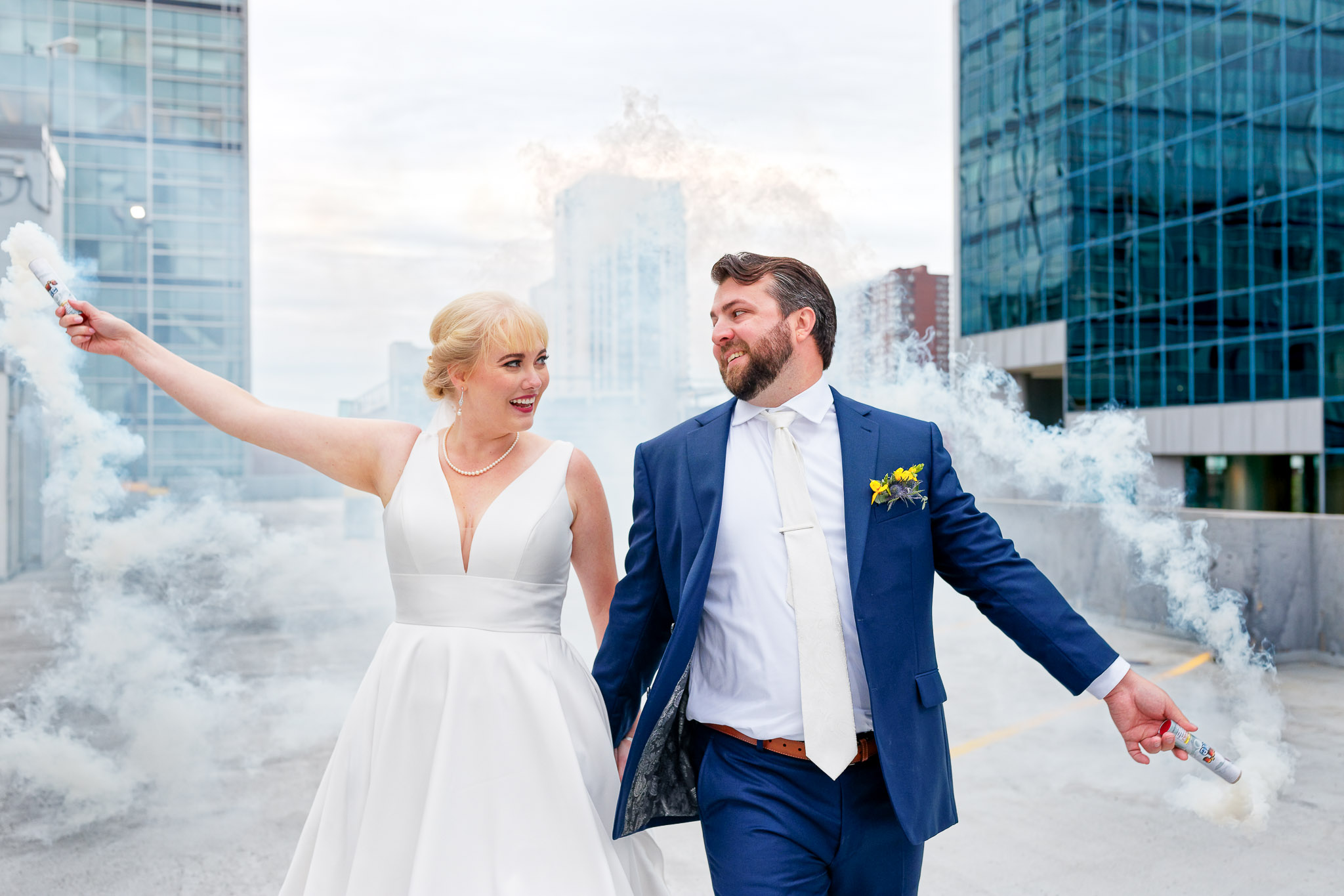 Bride and Groom White Smoke Bomb Photos Minneapolis Rooftop