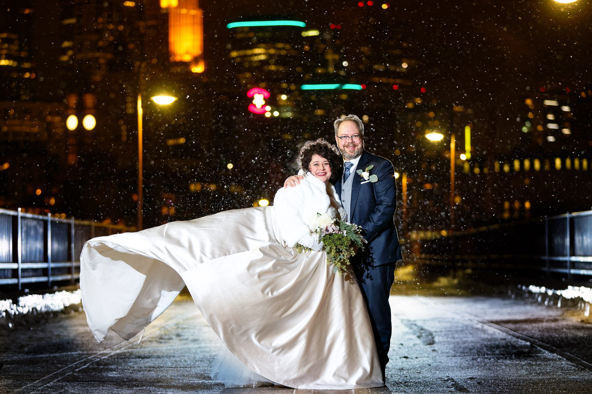 Winter Wedding Portrait Stone Arch Bridge Minneapolis Snow