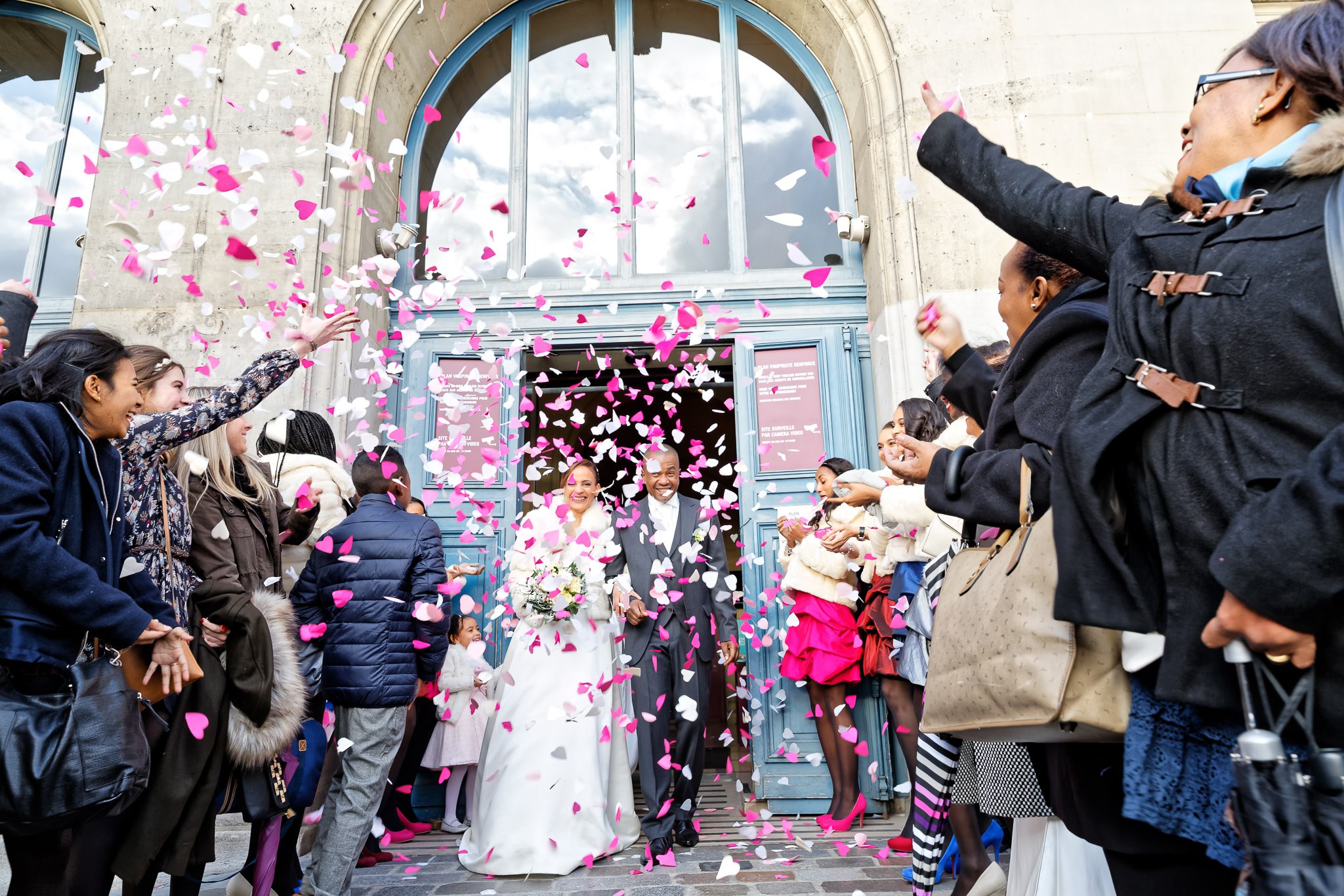 Courthouse Wedding Grand Exit with Pink Paper Petals