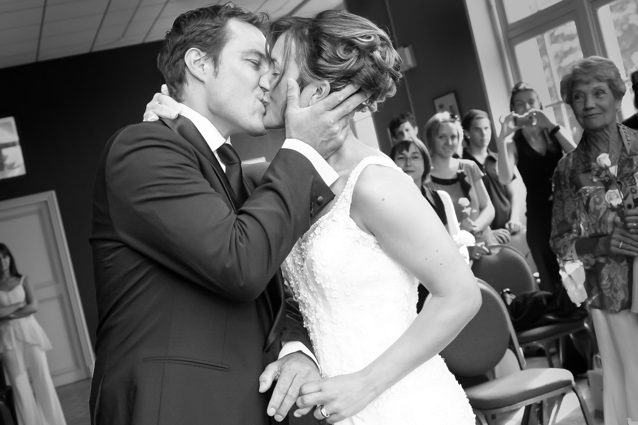 Passionate Wedding Kiss at Courthouse Ceremony