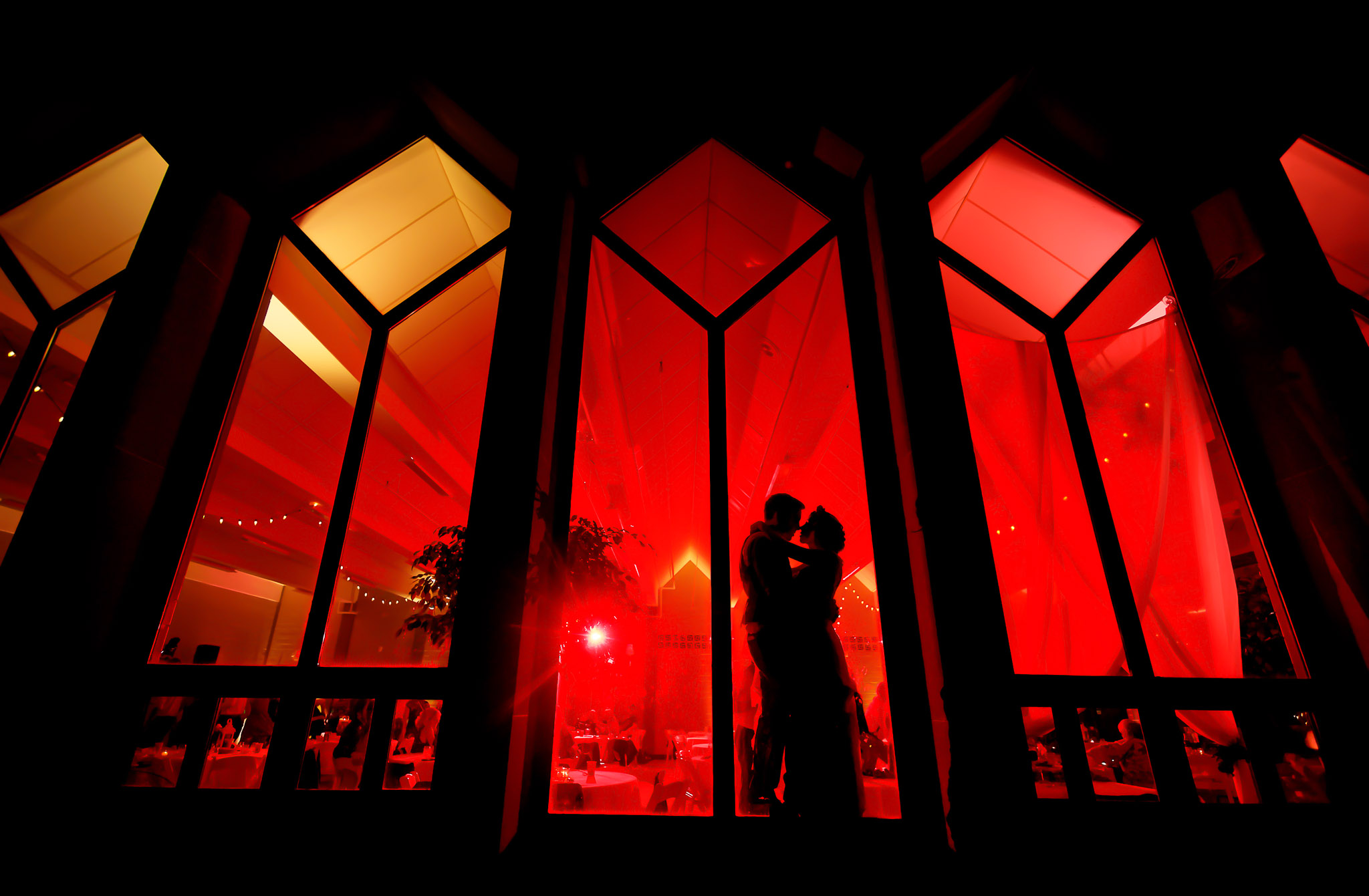 Dramatic Silhouette Wedding Portrait with Colored Lighting
