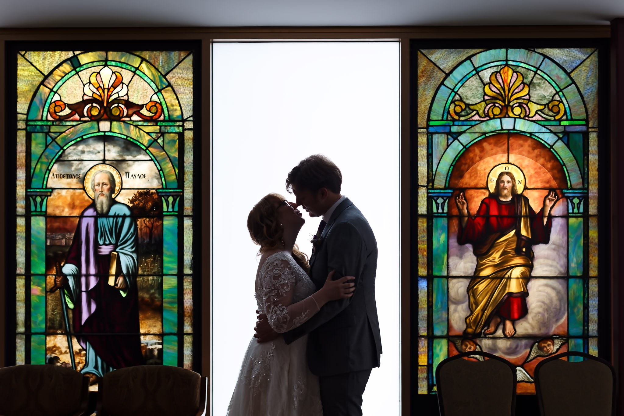 Stained Glass Wedding Portrait at Greek Orthodox Church Minneapo