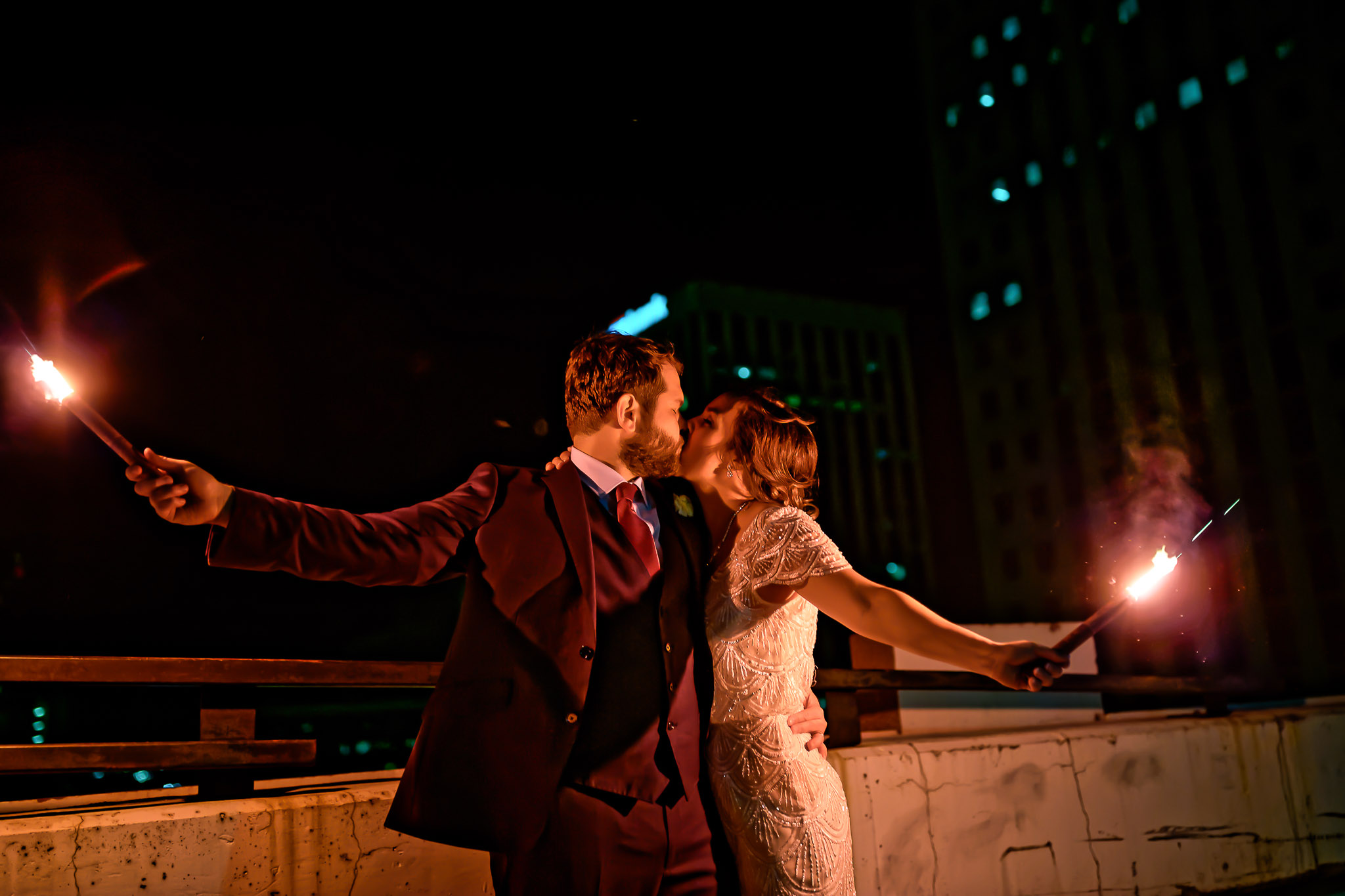 Night Rooftop Wedding Photo with Road Flares Saint Paul View