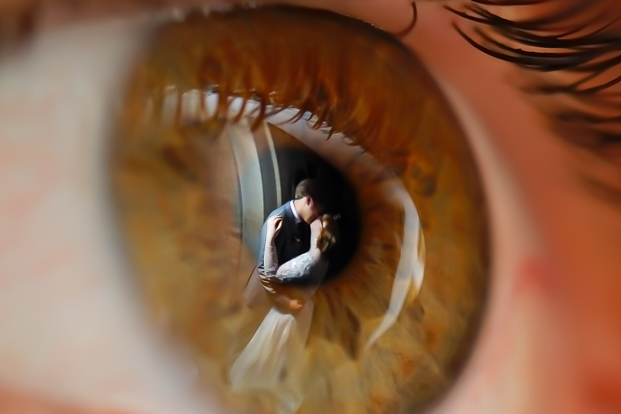 Wedding Kiss Reflection in Bride's Eye - Minneapolis Church