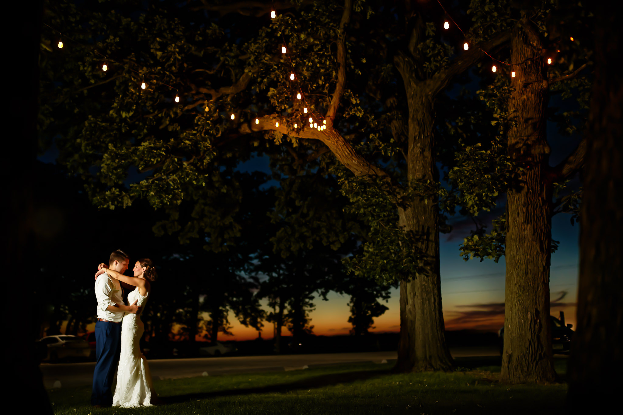 Romantic Blue Hour Wedding Dance Under Oak Tree Photography