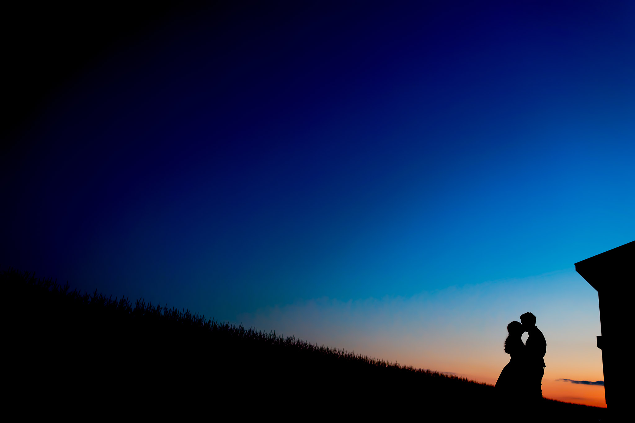 Blue Hour Wedding Silhouette with Hillside and Corn Field