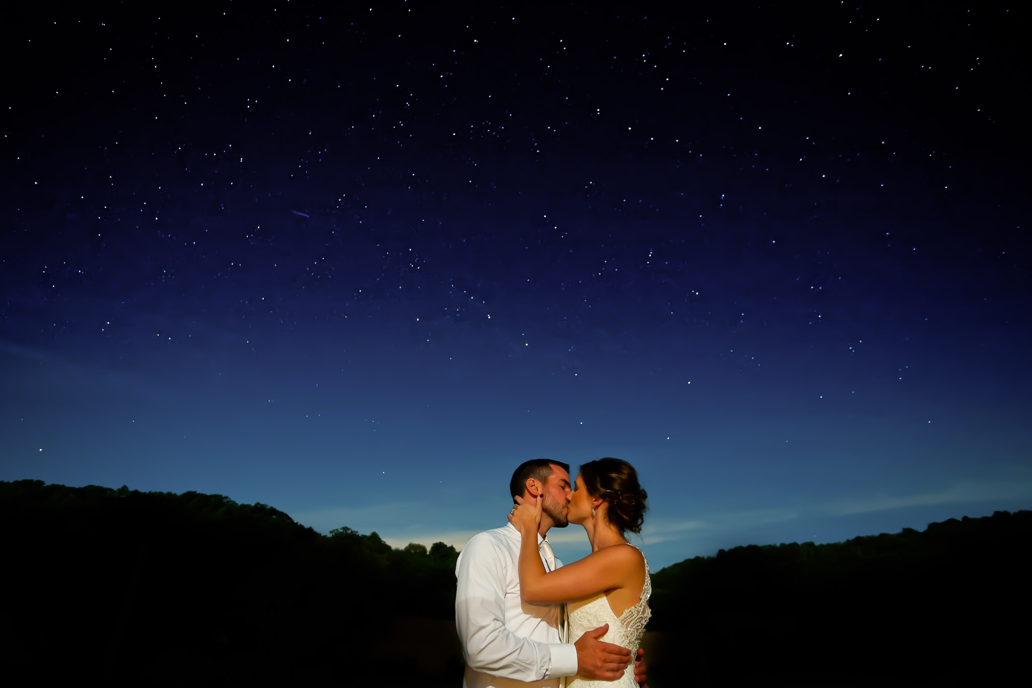 Bride Groom Kissing Under Stars Night Wedding Photography