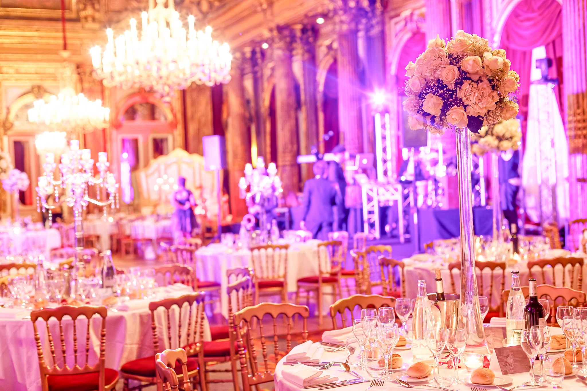 Elegant Wedding Reception Room with Crystal Chandeliers