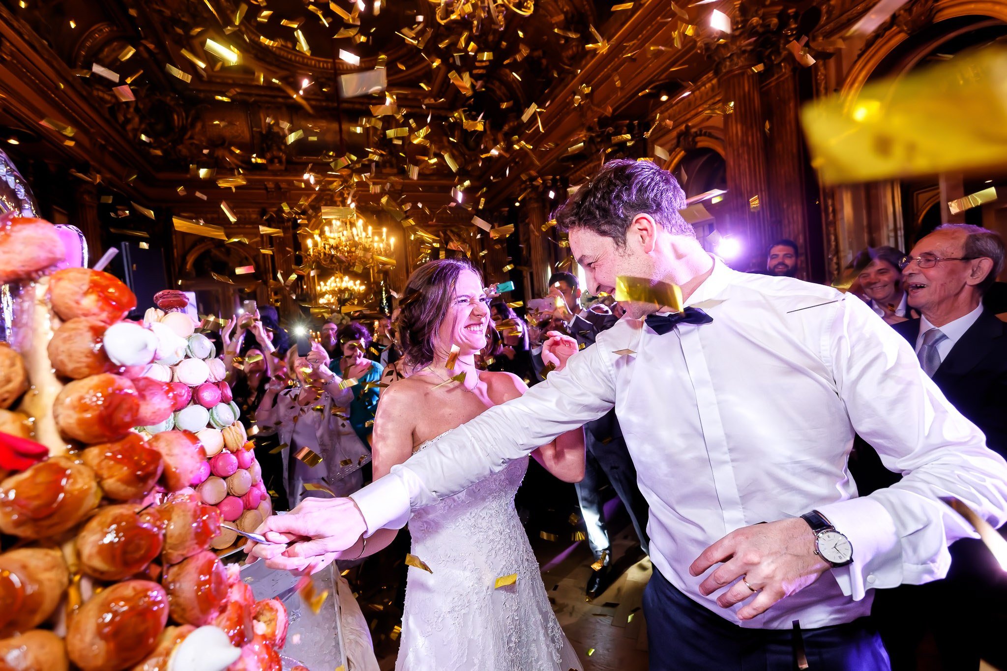Wedding Cake Cutting with Confetti Celebration