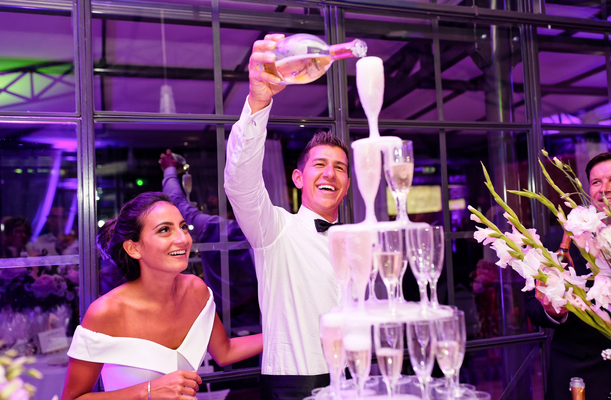 Champagne Tower Wedding Reception Moment with Bride and Groom