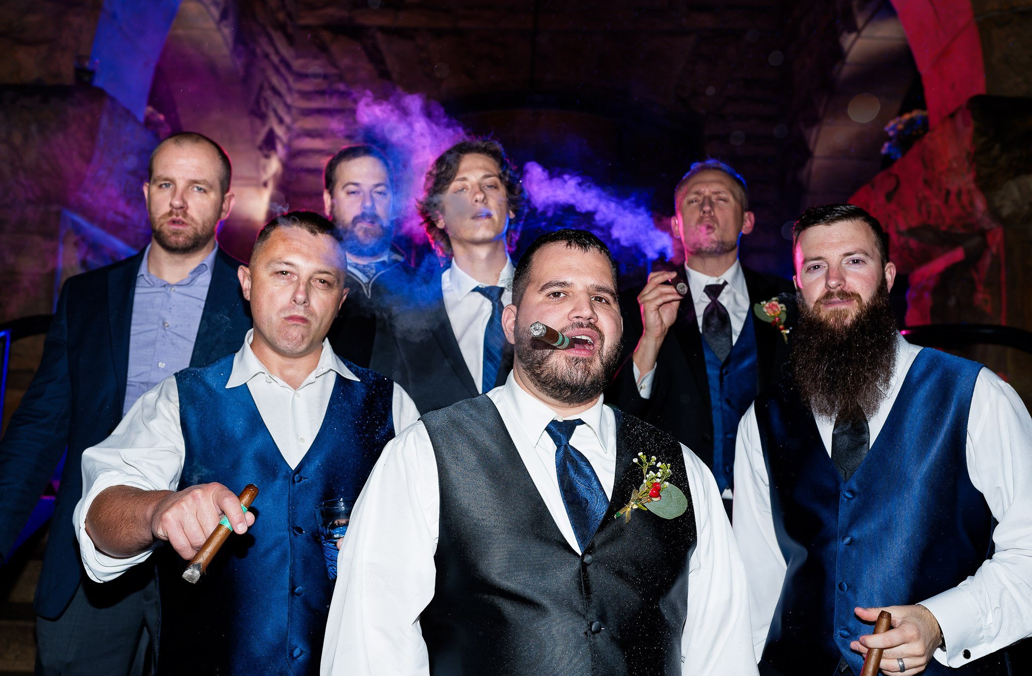 Groom and Groomsmen Cigar Time at Wedding Reception