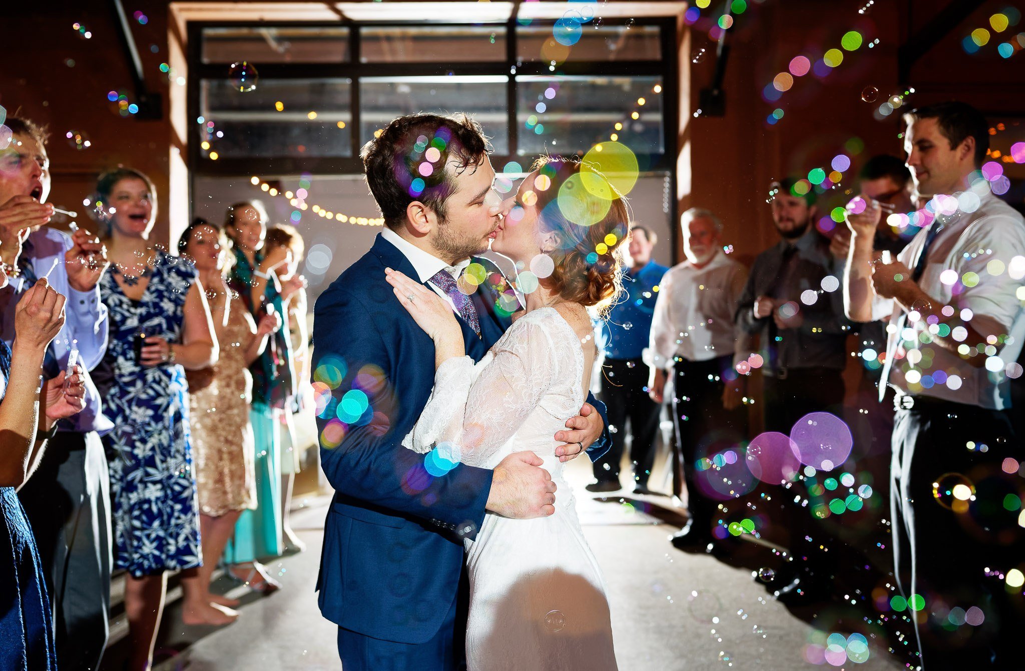 Wedding Grand Exit with Bubbles - Bride and Groom Kiss