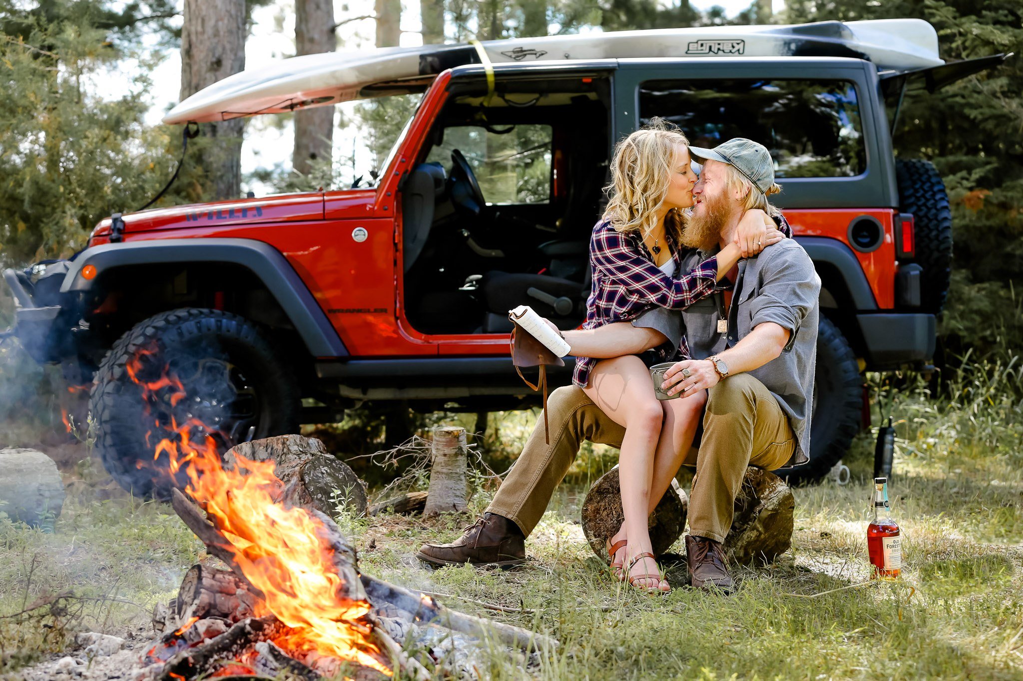 Adventure Engagement Session with Campfire and Jeep