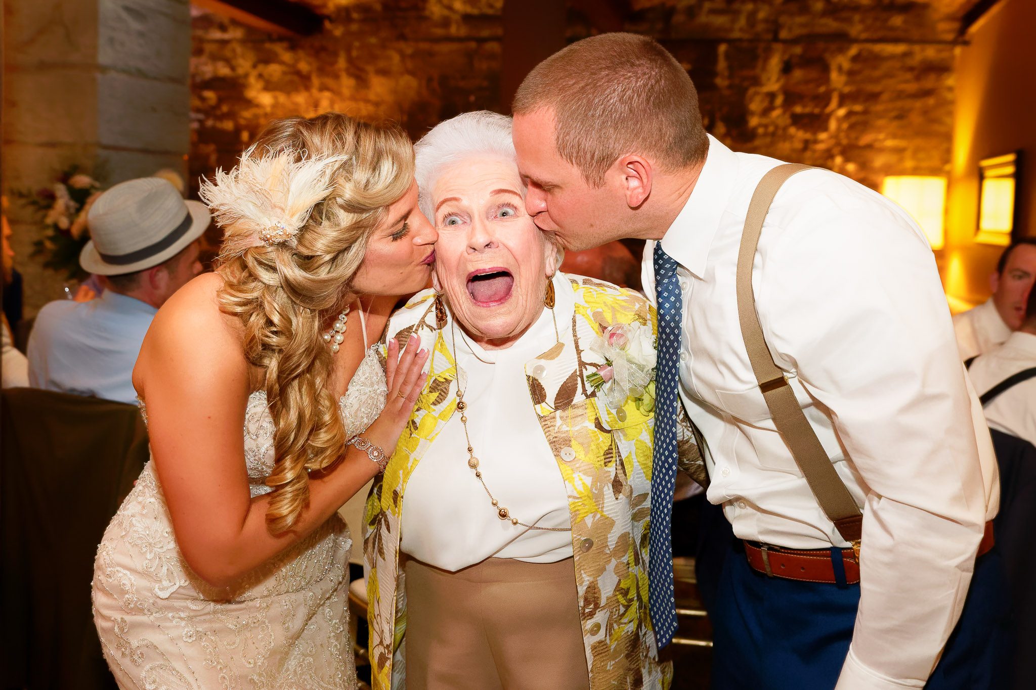 Bride Groom Kiss Grandmother Same Time Wedding Reception Moment
