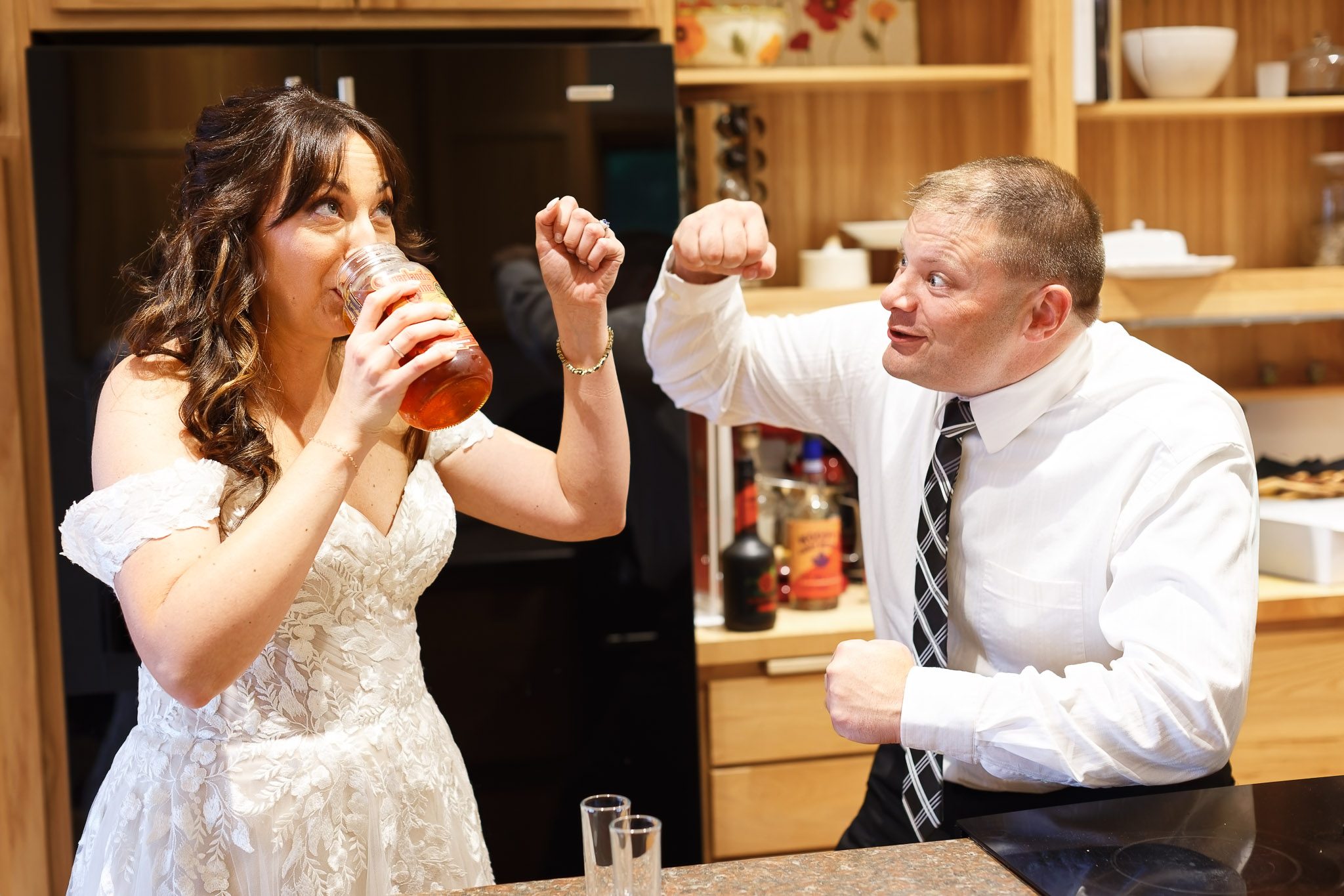 Bride Drinking Challenge at Lutsen Cascade Lodge Wedding