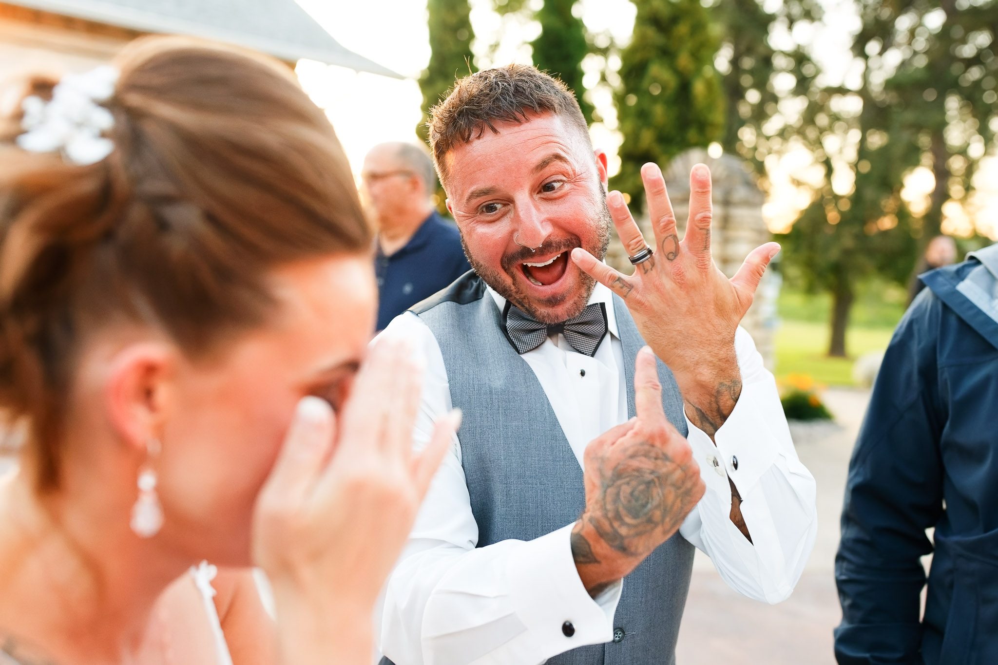 Playful Wedding Moment at Mayowood Stone Barn Rochester MN
