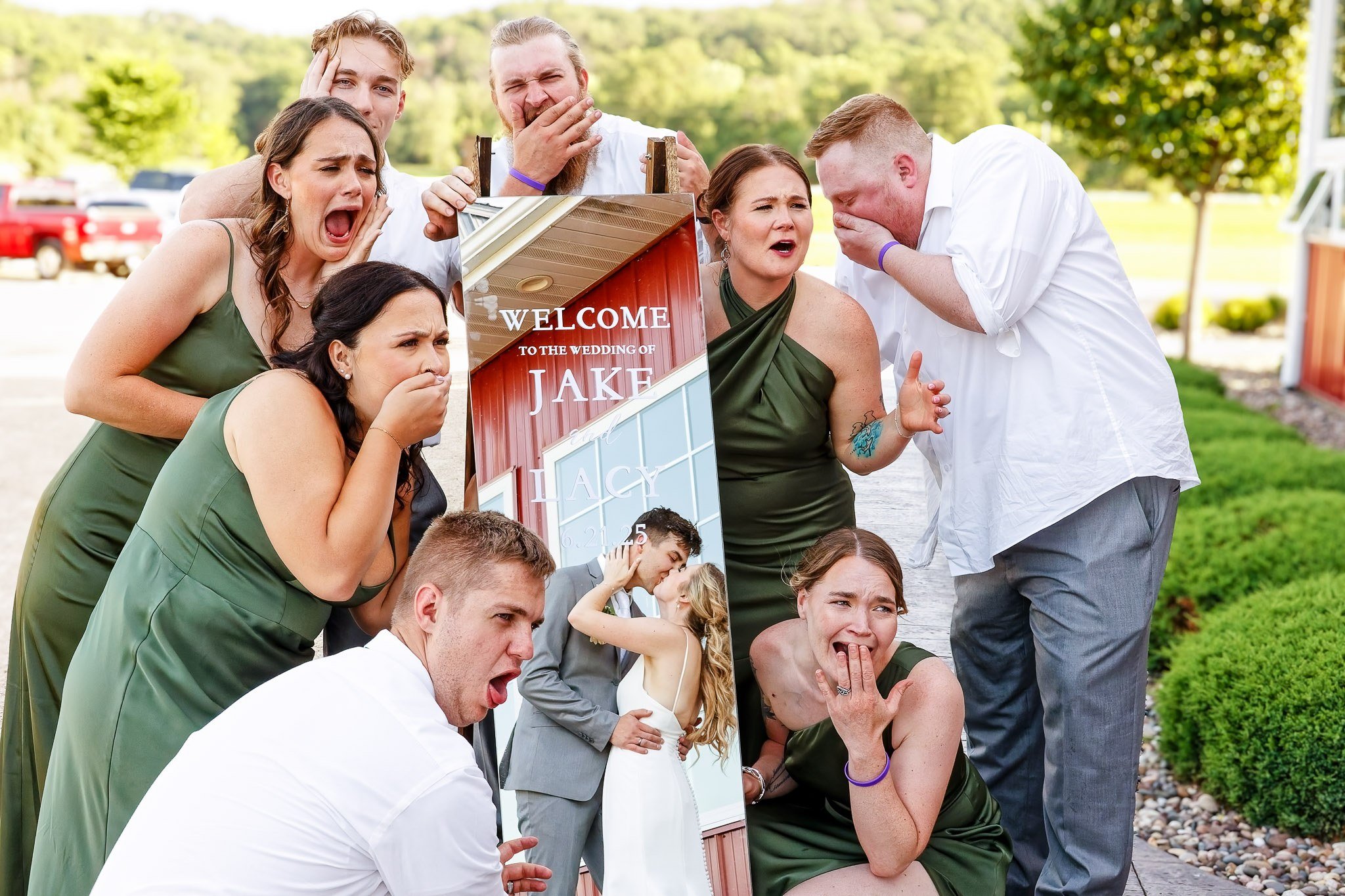 Funny Wedding Party Mirror Photo at Bearwood Event Barn Byron MN