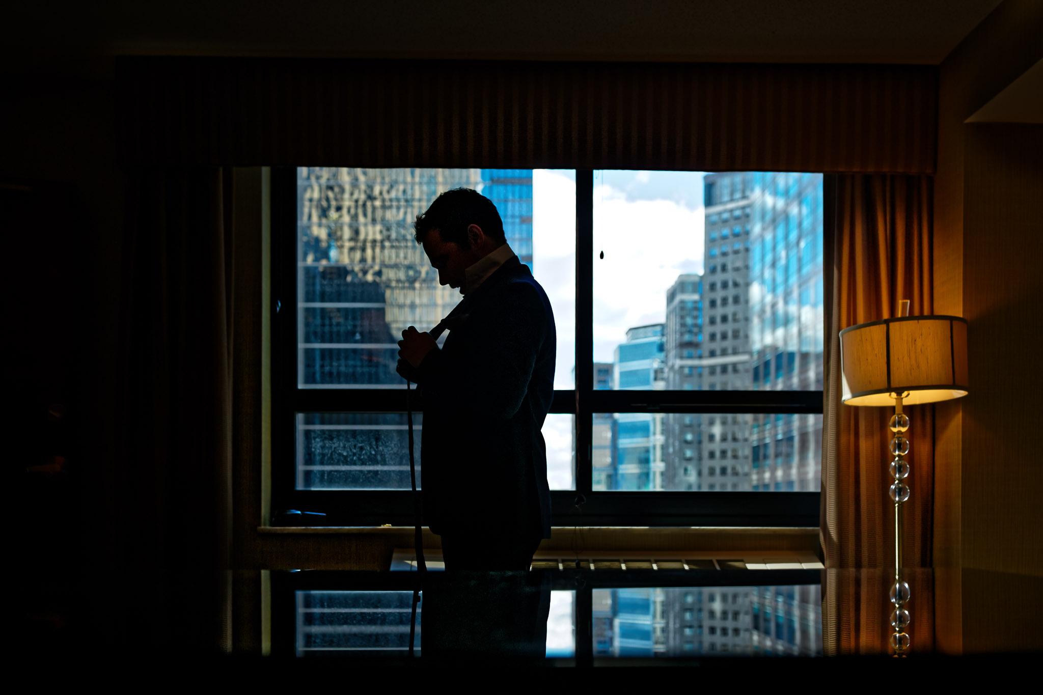Groom Getting Ready Twin Cities Skyline View Minneapolis