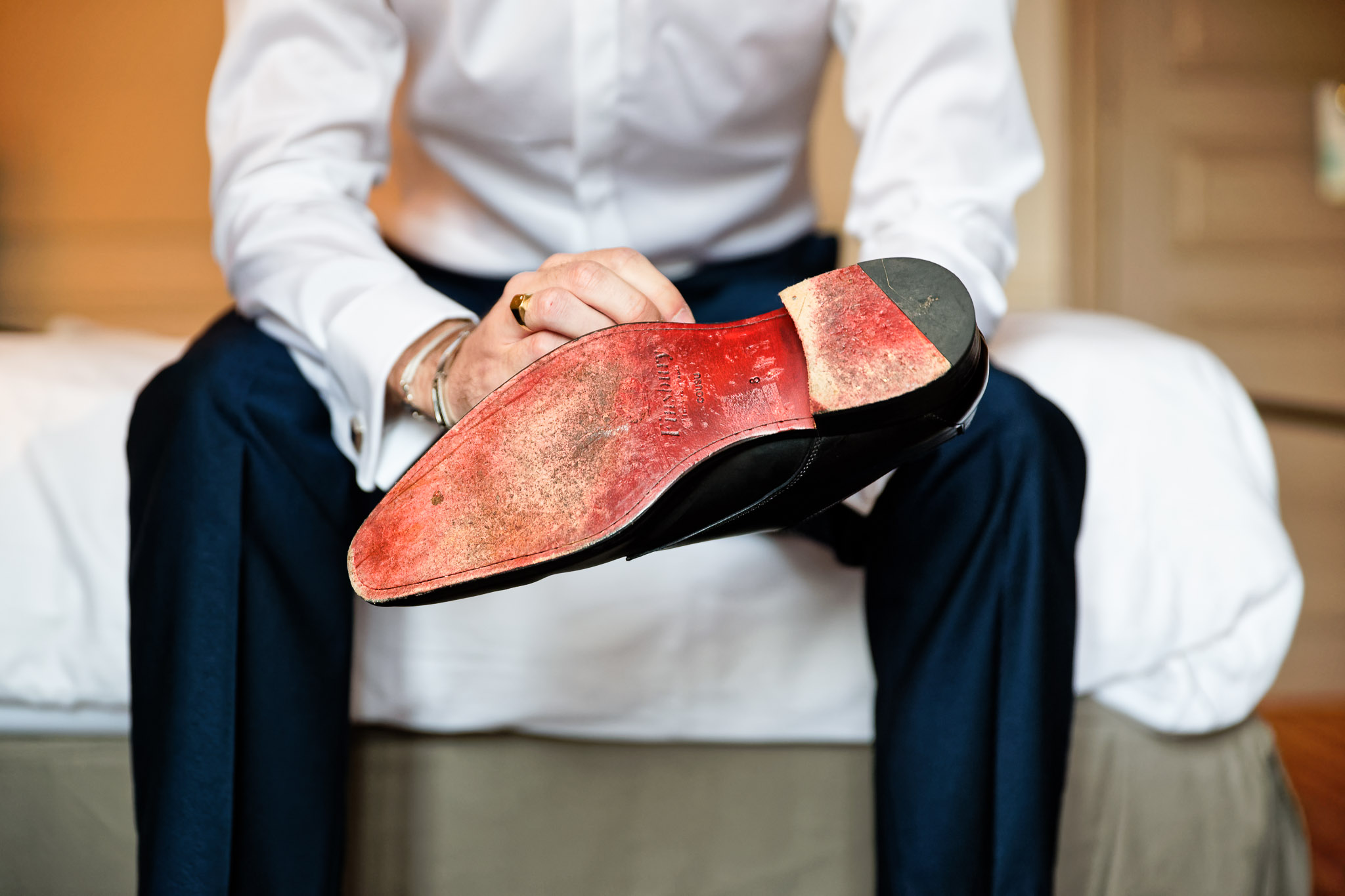 Groom's Red Finsbury Wedding Shoes During Preparation