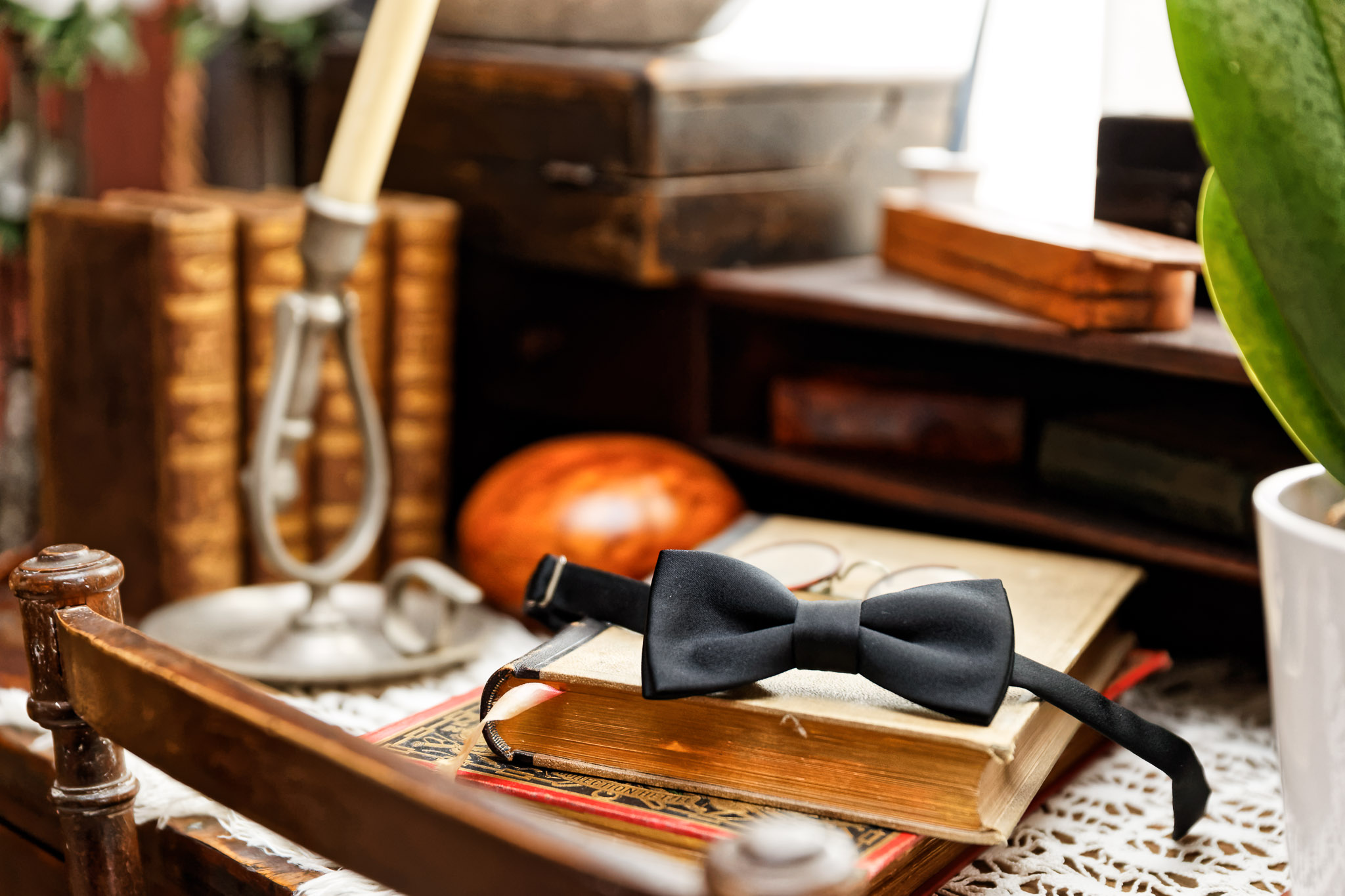 Groom's Bow Tie Wedding Still Life with Vintage Books
