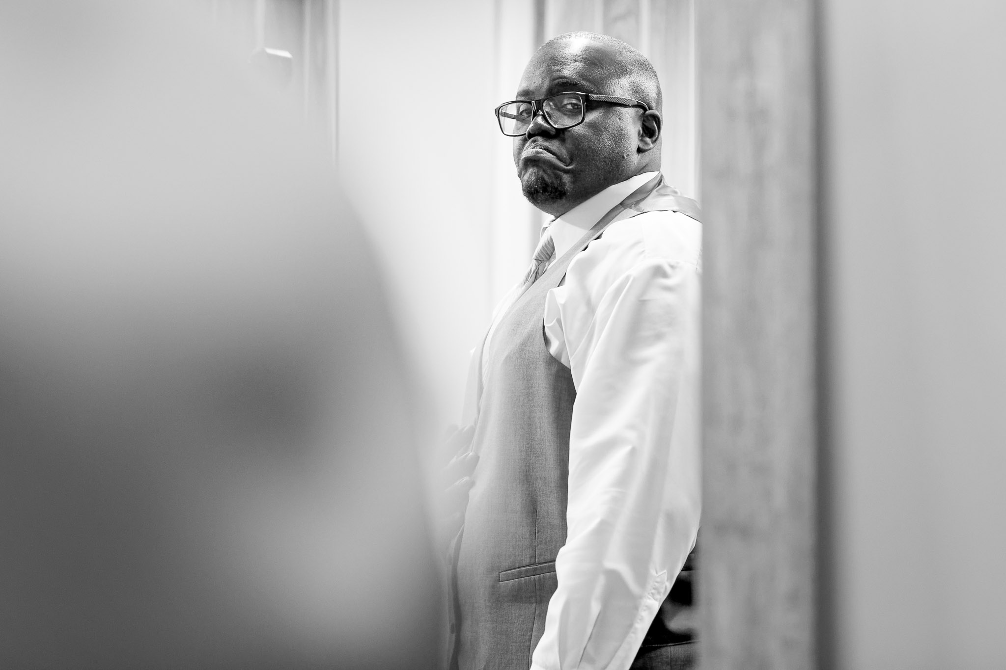 Groom Pre-Ceremony Portrait in Light Gray Wedding Suit
