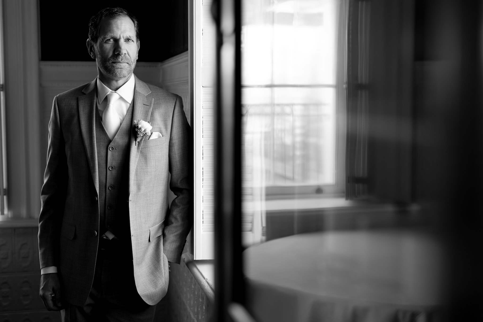 Serious Groom Portrait During Wedding Preparation Minneapolis