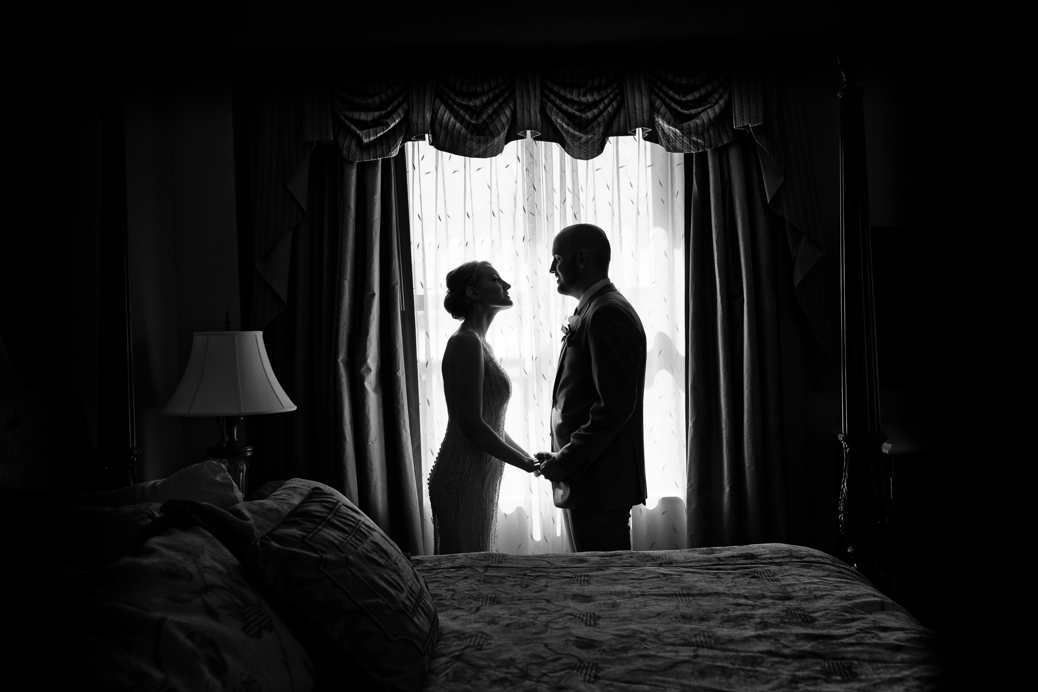 Bride and Groom Hotel Room Portrait - Wedding Day Intimacy