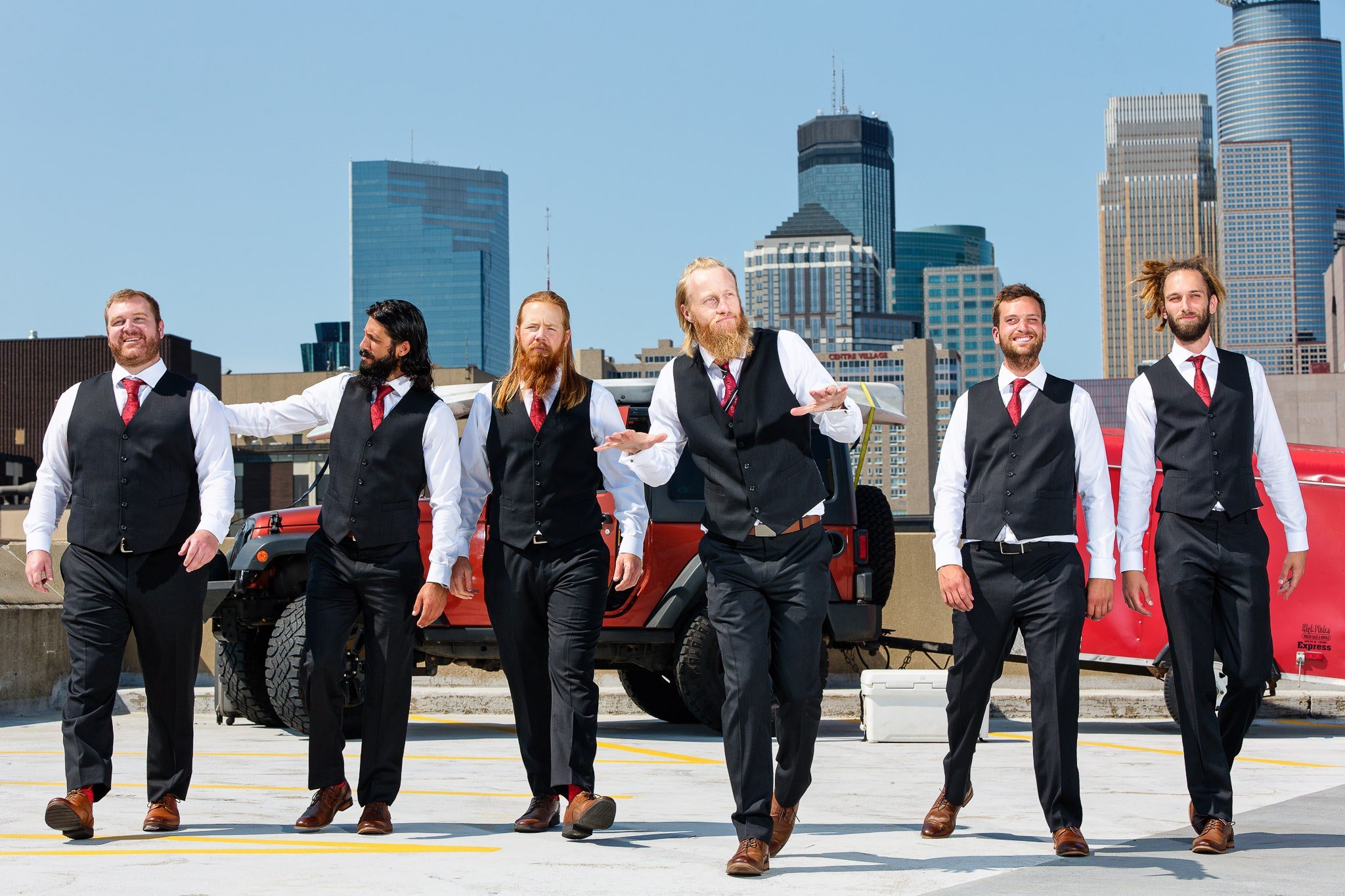 Groomsmen Rooftop Photos with Minneapolis Skyline Backdrop
