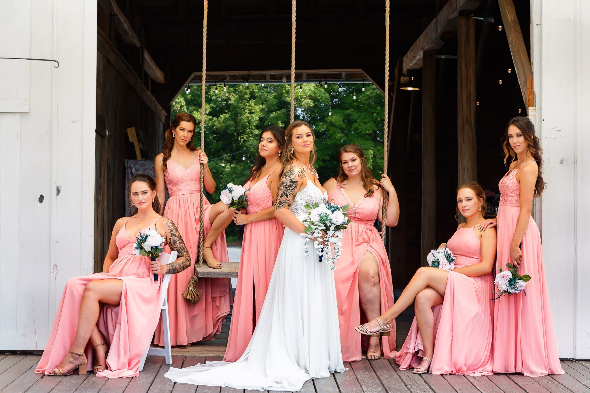 Bride and Bridesmaids Portrait at Maple Ridge Farm Wedding